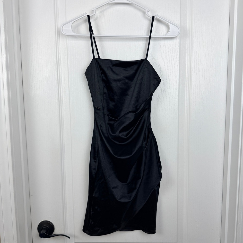 Windsor Black Satin Ruched Mini Dress XS CD14399‎ Sleeveless Bodycon Party Night